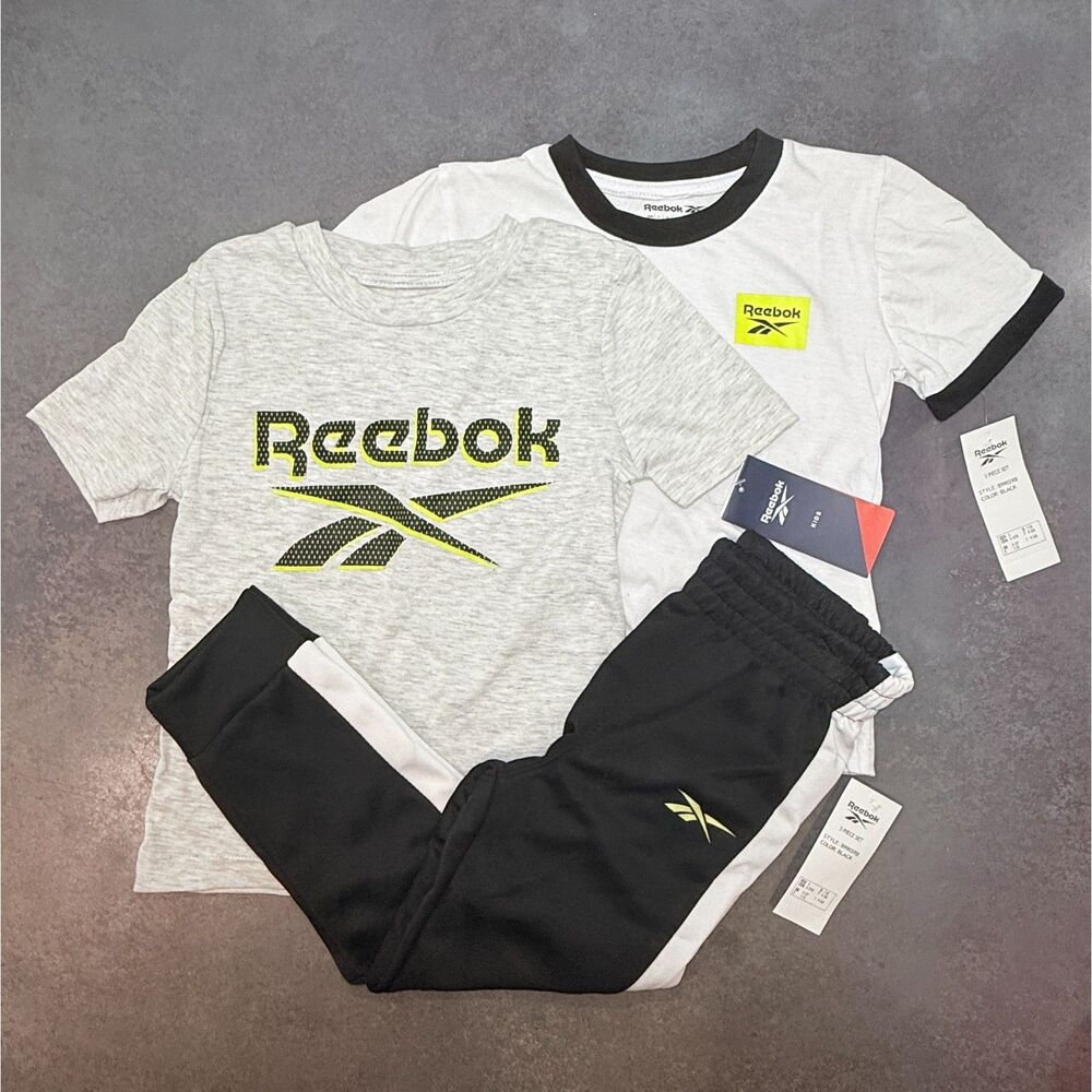 Reebok Boys 3 Piece Outfit Set 5T Gray White T Shirts Black Joggers NWT